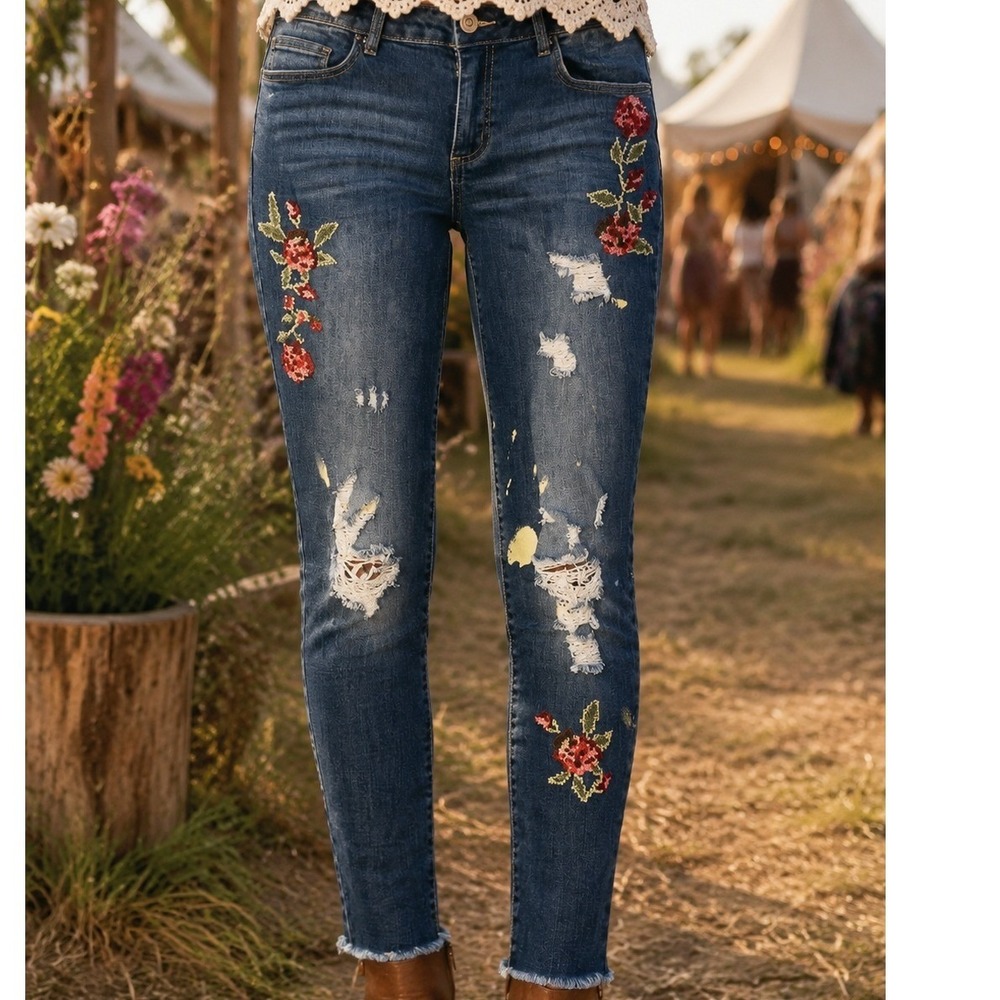 One5One Women Embroidered Distressed Skinny Jeans Blue Floral Paint Size 10 Crop